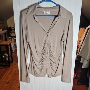 Zenana Outfitters Taupe Ruched Button-Down Blouse